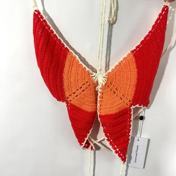 Lovers and Friends Women’s Size Medium Red Orange Butterfly Crochet Top New - Picture 3 of 7